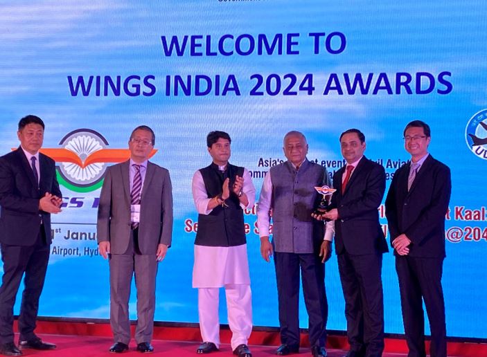 From L-R, Mr. Jyotiraditya Scindia, Gen. Vijay Kumar Singh (retd.), Mr. Sanjay Gupta - CEO, AISATS, and Mr. Kelvin Seow - CBO, AISATS at Wings India 2024 Ceremony
