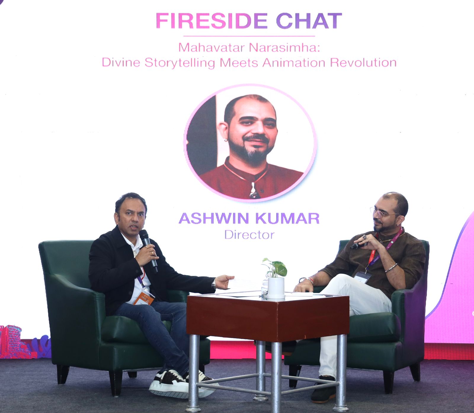 Ashwin Kumar Director  Mahavatar Narasimha and Rajiv Chilaka Founder & CEO Green Gold Animation during the session Mahavatar Narasimha Divine Storytelling Meets Animation Revolution at Desi Toons 2025.